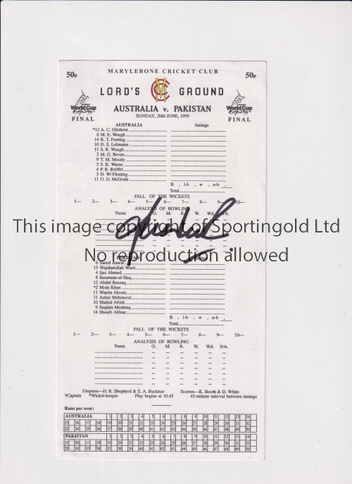 1999 CRICKET WORLD CUP FINAL / SHANE WARNE AUTOGRAPH Score card for Australia v Pakistan 20/6/1999