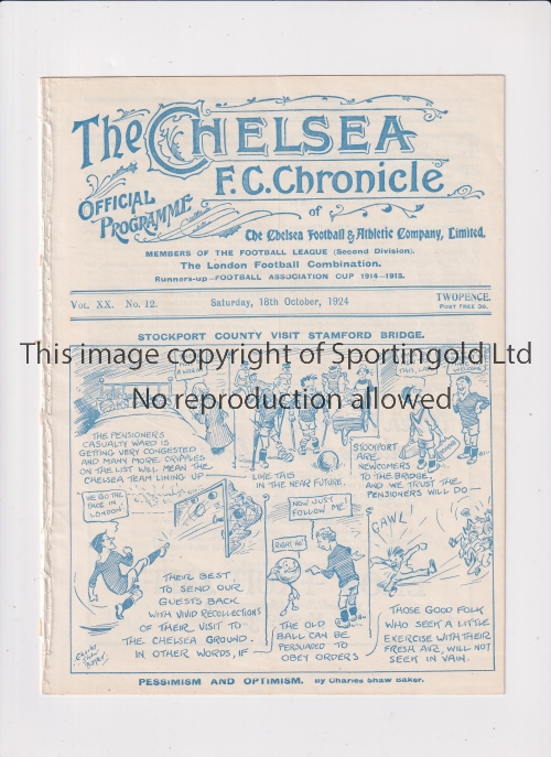 CHELSEA Programme for the home League match v Stockport County 18/10/1924, ex-binder. Generally