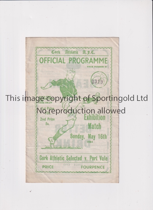 CORK ATHLETIC SELECTED V PORT VALE 1954 Programme for the Exhibition Match at Cork 16/5/1954.