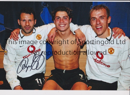 RYAN GIGGS Autographed 12 x 8 col photo of Giggs and his Man United team mates Ronaldo and Neville