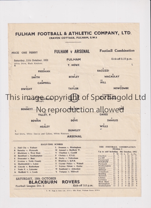 ARSENAL Single sheet programme for the away Football Combination match v Fulham 11/10/1952,