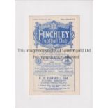 FINCHLEY V SOUTHEND UNITED 1953 FA CUP Programme for the tie at Finchley 21/11/1953, slight