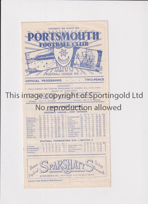 TOTTENHAM HOTSPUR 1950/1 Programme for the away League match v Portsmouth 24/3/1951 in their