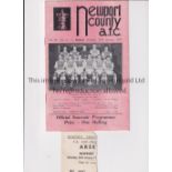 1957 NEWPORT COUNTY V ARSENAL FAC Programme and ticket for the game at Newport dated 26/1/57. The