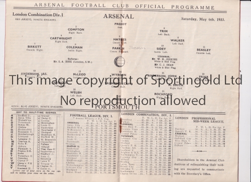 ARSENAL Programme for the home London Combination match v Portsmouth 6/5/1933. Generally good