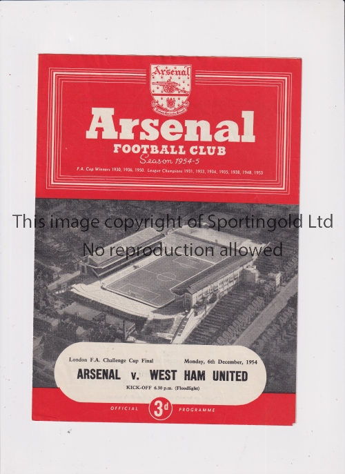 ARSENAL Programme for the home London Challenge Cup Final v West Ham United 6/12/1954. Good