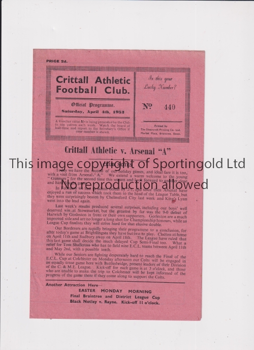 ARSENAL Programme for the away Eastern Counties League match v Crittall Athletic 4/4/1953. Good