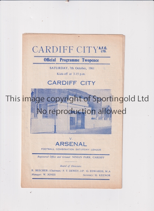 CARDIFF CITY V ARSENAL RESERVES Two programmes for the games at Ninian Park dated 11/2/61 with a