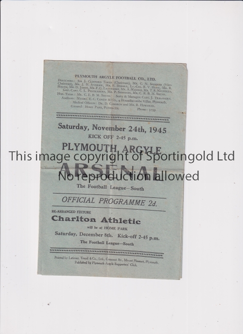 1945 PLYMOUTH ARGYLE V ARSENAL Programme for the War League game at Home Park dated 24/11/45. It has