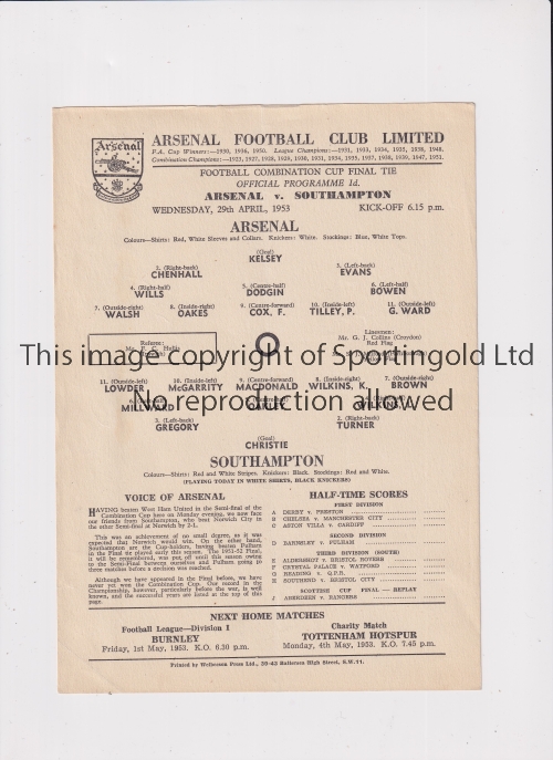 ARSENAL Single card programme for the home Football Combination Final v Southampton 29/4/1953,