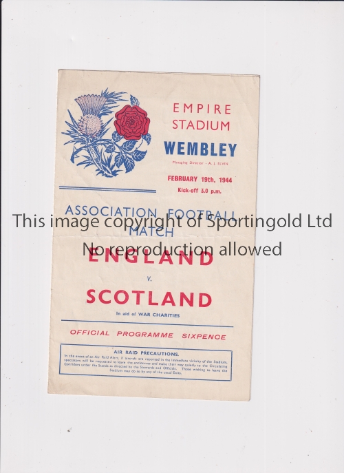 ENGLAND V SCOTLAND 1944 Programme for the International at Wembley 19/2/1944, very slight horizontal