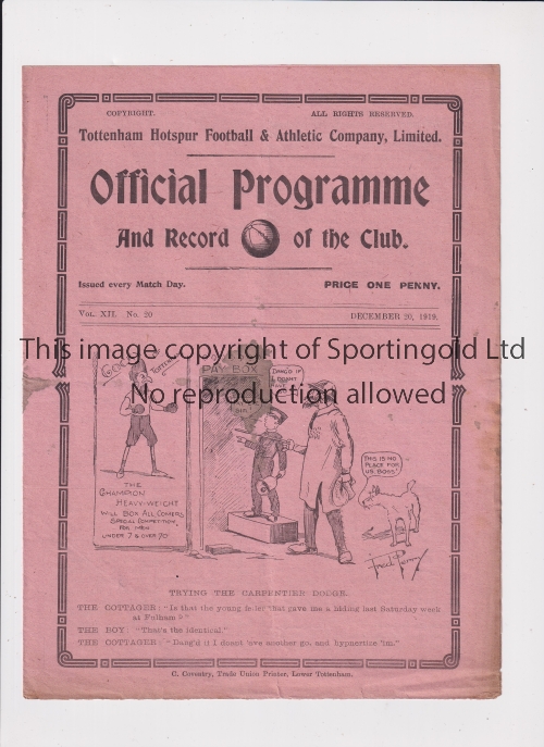 TOTTENHAM HOTSPUR Programme for the home London Combination match v Fulham 20/12/1919, slightly