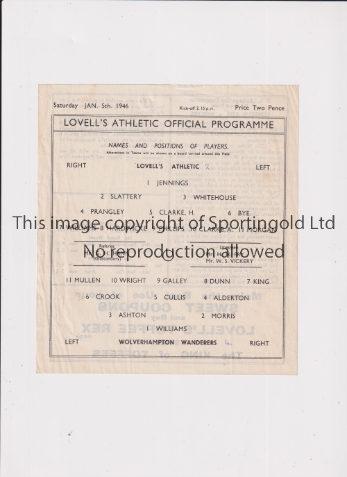 1946 LOVELLS ATHLETIC V WOLVERHAMPTON WANDERERS FAC Single sheet for the FAC game at Lovells against