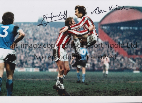 STOKE CITY Autographed 12 x 8 col photo of Alan Hudson jumping into the arms of team mate Jimmy