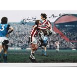 STOKE CITY Autographed 12 x 8 col photo of Alan Hudson jumping into the arms of team mate Jimmy