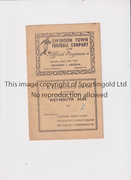 ARSENAL Programme for the away Football Combination Cup match v Swindon Town 19/4/1947, small