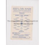 ARSENAL Single sheet programme for the away London Mid Week League match v QPR 10/3/1954, folded and