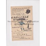 CARLISLE UNITED V BRADFORD CITY 1952 Programme for the League match at Carlisle 15/3/1952. Generally