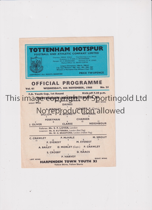 TOTTENHAM HOTSPUR Single sheet programme for the home Youth Cup tie v Harpenden Town 6/11/1968 Good