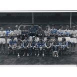 MANCHESTER CITY Autographed 12 x 8 b/w photo of players posing at Maine Road with silverware won