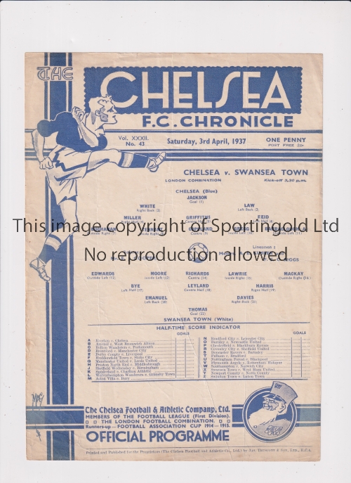 CHELSEA Single sheet home programme for the London Combination match v Swansea Town 3/4/1937, very