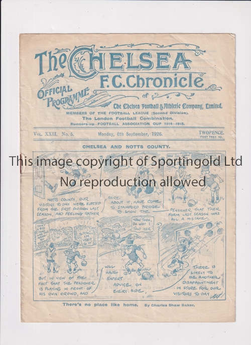 CHELSEA Programme for the home League match v Notts. County 6/9/1926, minor tear and slightly