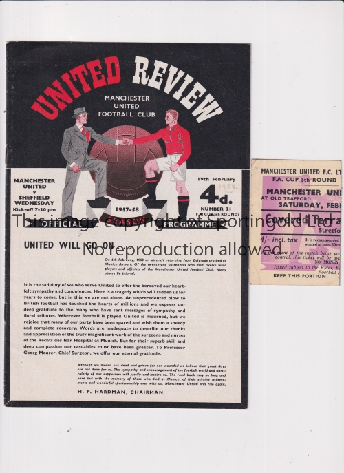 1958 MANCHESTER UNITED V SHEFFIELD WEDNESDAY FAC Original programme and ticket for the FAC game at