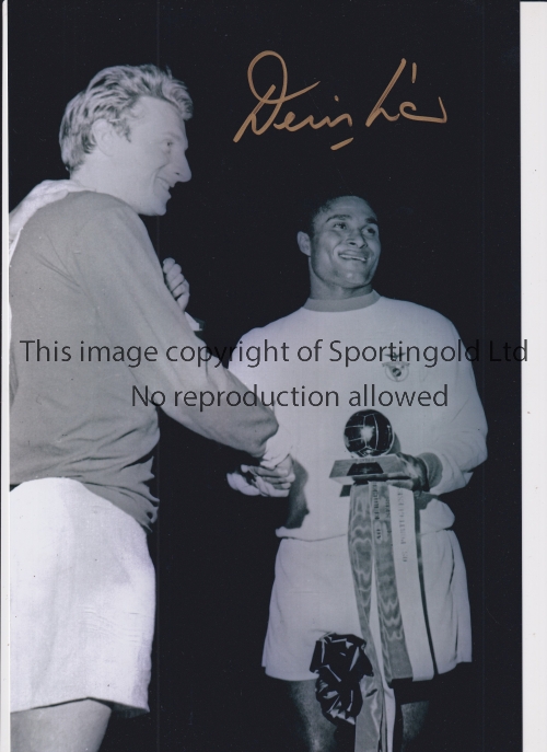 DENIS LAW Autographed 12 x 8 b/w photo of the Man United striker congratulating Benfica's Eusebio