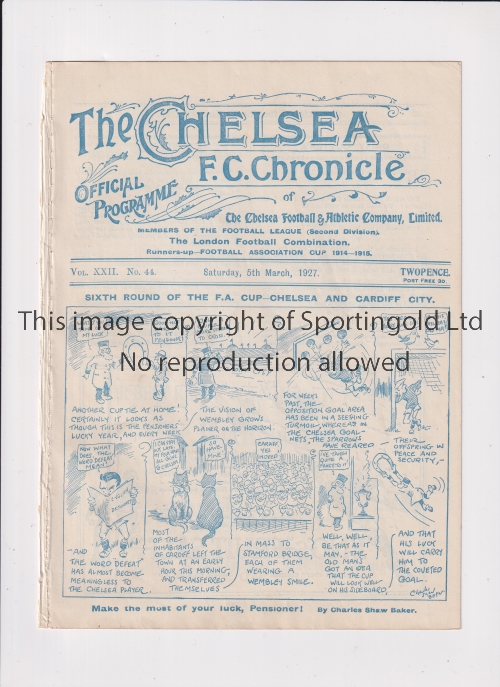 CHELSEA Programme for the home F.A. Cup match v Cardiff City 5/3/1927, ex-binder. Generally good