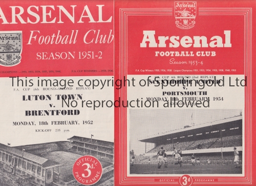 NEUTRAL FA CUP TIES AT ARSENAL Two programmes for Replays, Luton Town v Brentford 18/2/1952 and