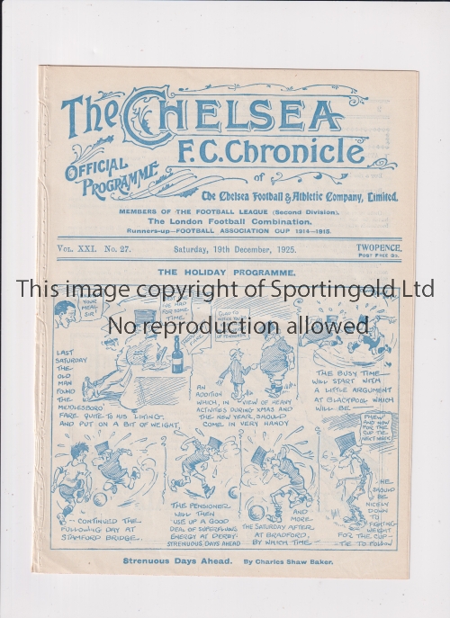 CHELSEA Programme for the home League match v Portsmouth 19/12/1925, ex-binder. Generally good