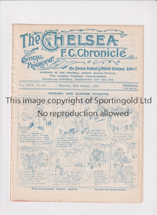 CHELSEA Programme for the home League match v Oldham Athletic 23/10/1926, ex-binder. Generally good