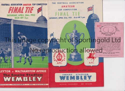 AMATEUR CUP FINALS Programme and ticket with staple holes for Bishop Auckland v Pegasus 1951 and