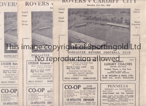 DONCASTER ROVERS Seven home programmes for season 1950/1 v Cardiff, Blackburn, Grimsby, Man. City,