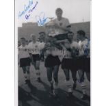 ENGLAND Autographed 12 x 8 b/w photo of captain Johnny Haynes being chaired by team mates