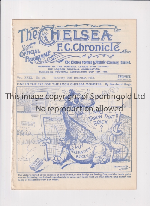 CHELSEA Programme for the home League match v Stoke City 30/12/1933, ex-binder Generally good