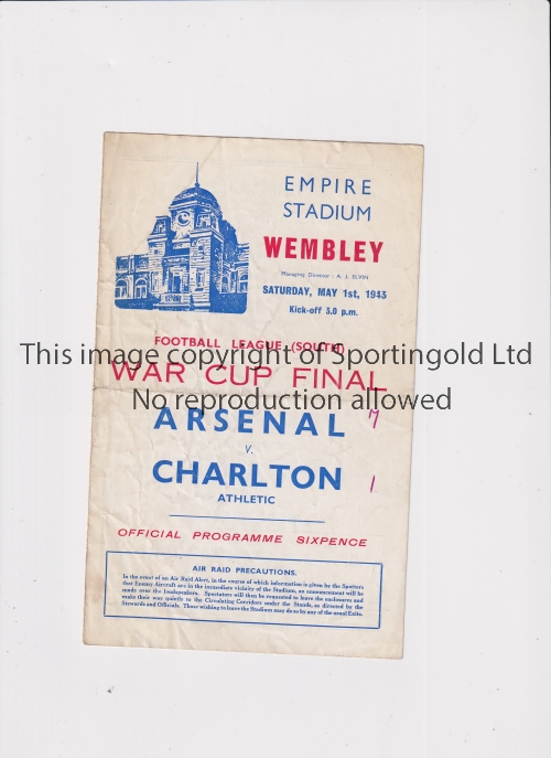 1943 FL SOUTH WAR CUP FINAL Programme for Arsenal v Charlton Athletic, horizontal fold, scores on