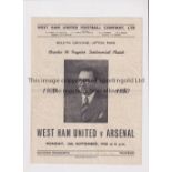 ARSENAL Programme for the away Paynter Testimonial v West Ham United 18/9/1950, creased, team