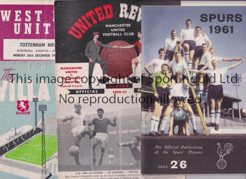 TOTTENHAM HOTSPUR 1960/1 Three away programmes v West Ham, Aston Villa FA Cup and Man. Utd. team