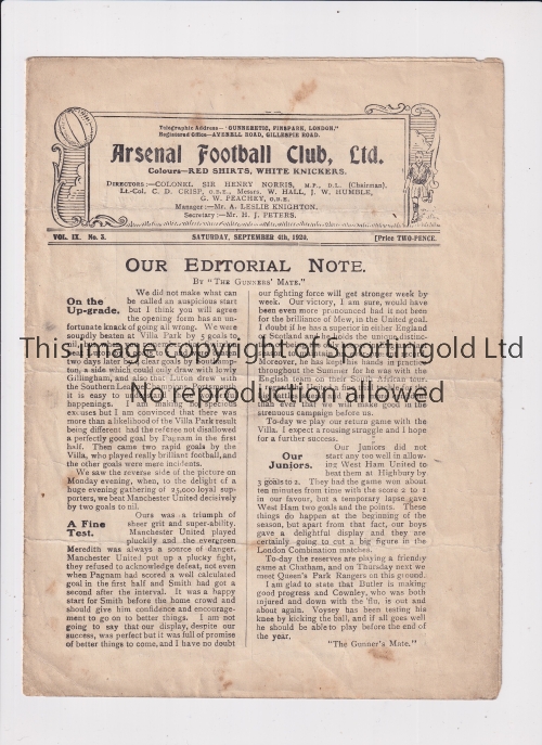 ARSENAL Programme for the home League match v Aston Villa 4/9/1920, slightly horizontal creases,