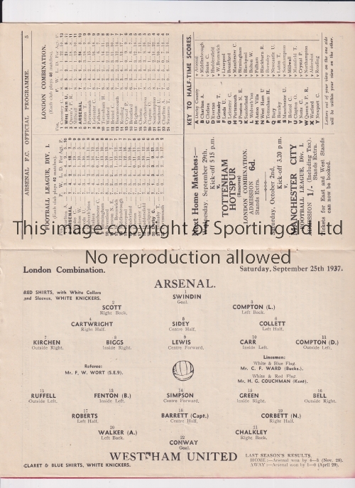 ARSENAL Programme for the home London Combination match v West Ham United 25/9/1937, staples