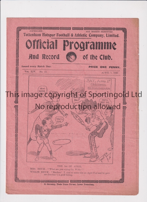 TOTTENHAM HOTSPUR Programme for the home League match v Birmingham 8/4/1922. Good