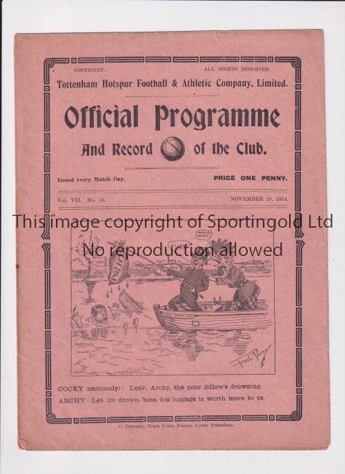 TOTTENHAM HOTSPUR Gatefold programme for the home South Eastern League match v Brentford 28/11/1914.