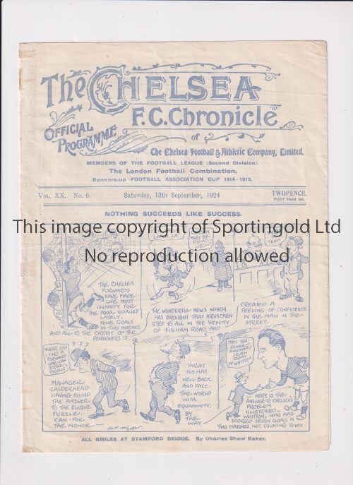 CHELSEA Programme for the home League match v Sheff. Weds. 13/9/1924, ex-binder and very slightly