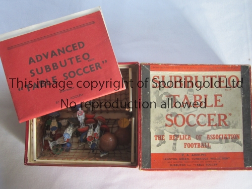 SUBBUTEO TABLE SOCCER An original boxed game from 1955 including 7 celluloid red players, 9