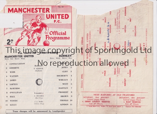 MANCHESTER UNITED Two single sheet home programmes v Bury 20/1/1960 Manchester Senior Cup, folded,