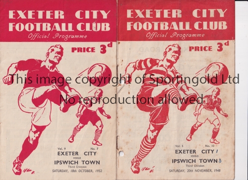 EXETER CITY V IPSWICH TOWN Two programmes for League matches at Exeter 20/11/1948, 2 punched holes