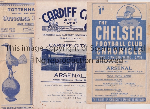 ARSENAL Three programmes for away Reserve team Football Combination matches v Cardiff City 25/12/