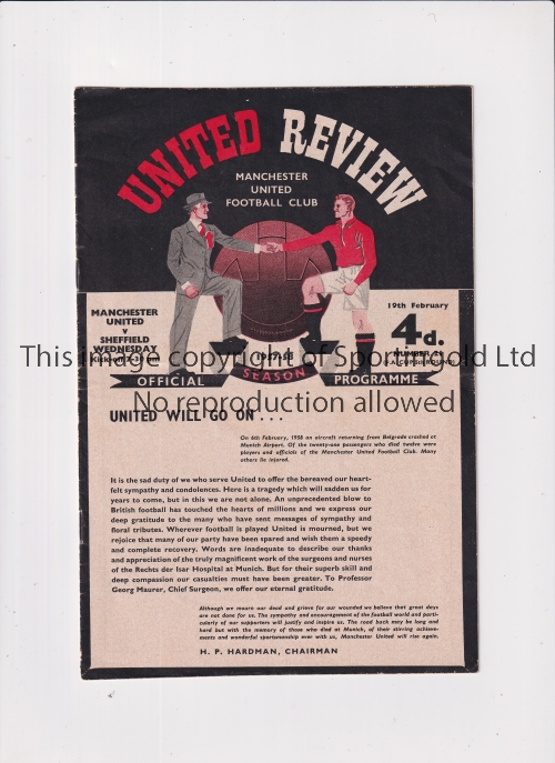 MANCHESTER UNITED V SHEFFIELD WEDNESDAY 1958 FA CUP Programme for the first United home match