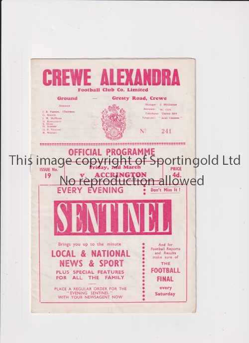 ACCRINGTON STANLEY / LAST LEAGUE MATCH 1962 Programme for Accrington's final League game v Crewe